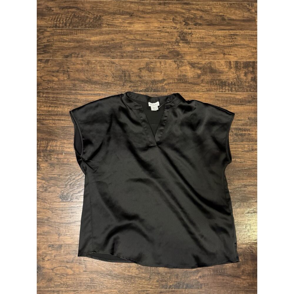 Nicole Miller Women's Black Short Sleeve Blouse V Neck Shirt Size Small